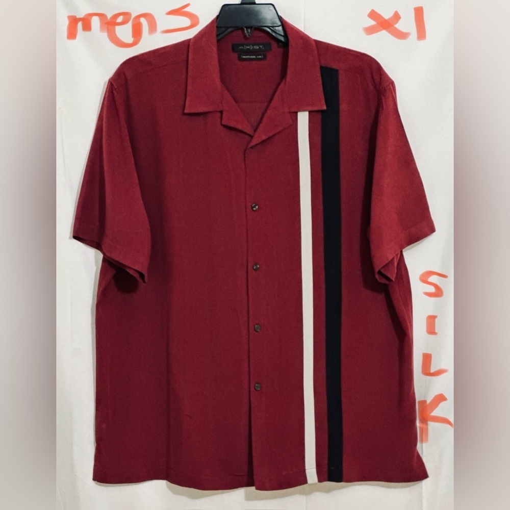 MENS 💯% SILK BRICK RED, WHITE & BLACK BUTTON DOWN SHIRT
